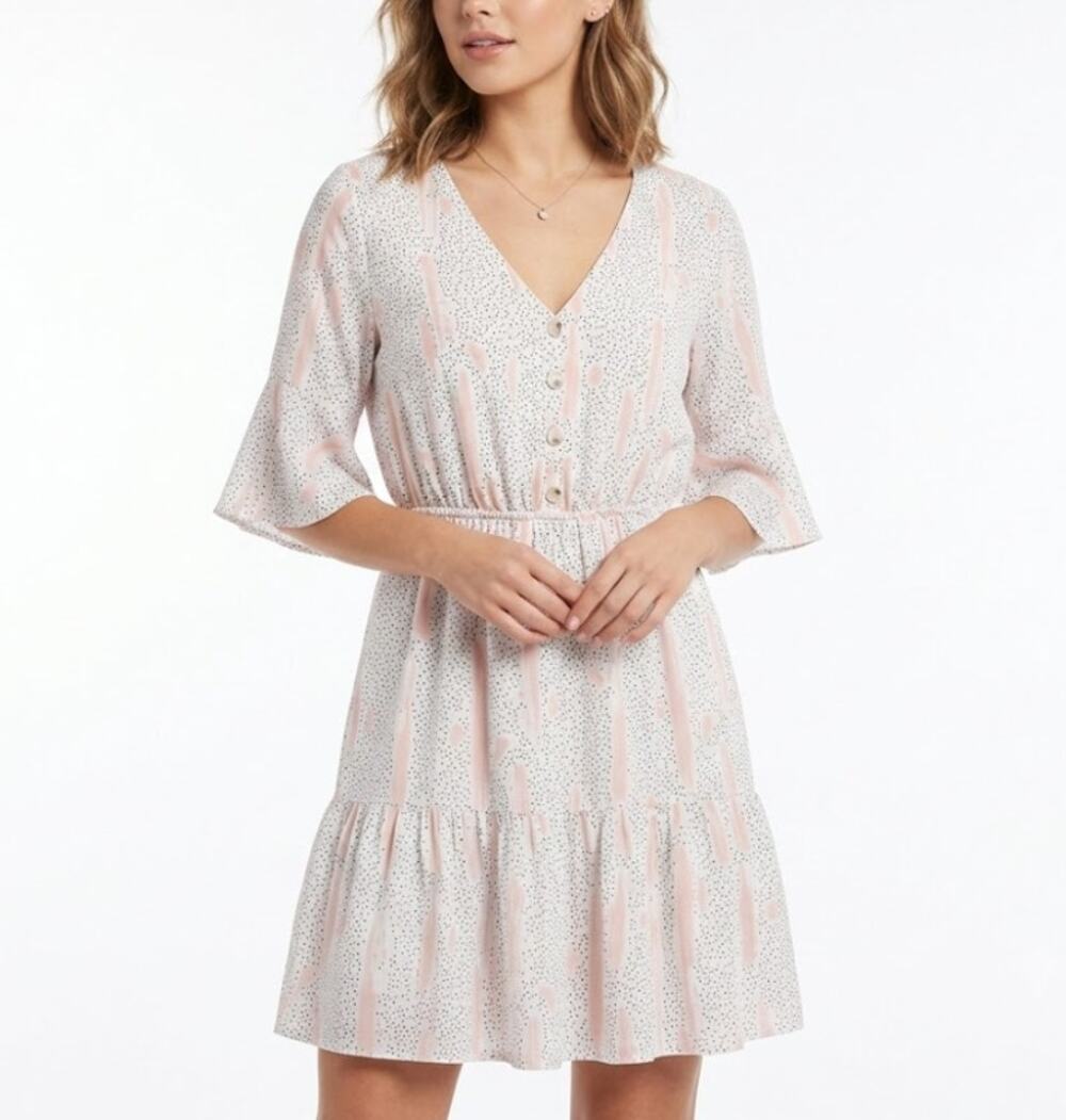 GILLI Watercolor Dotted Mini Dress V-Neck Button Front White Multi Womens Size M
